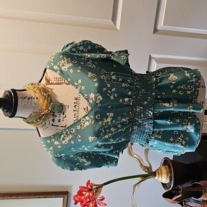 Rabbit Rose Floral Puff Sleeve Blouse, Smocked Waist, V-Neck, Women's Size Large